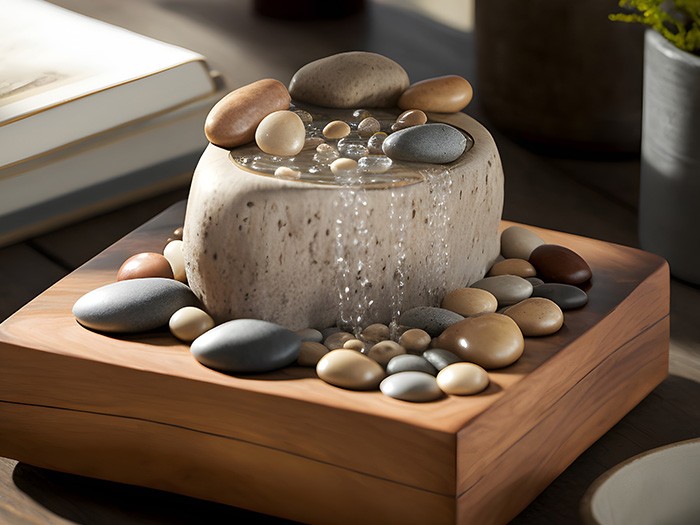 Small round rock fountain with pebbles on a would platform